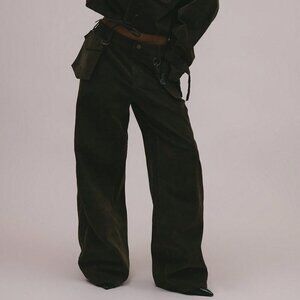 Army Green Casual Women's Velvet Denim Looped Hook On Pocket Detail Jeans